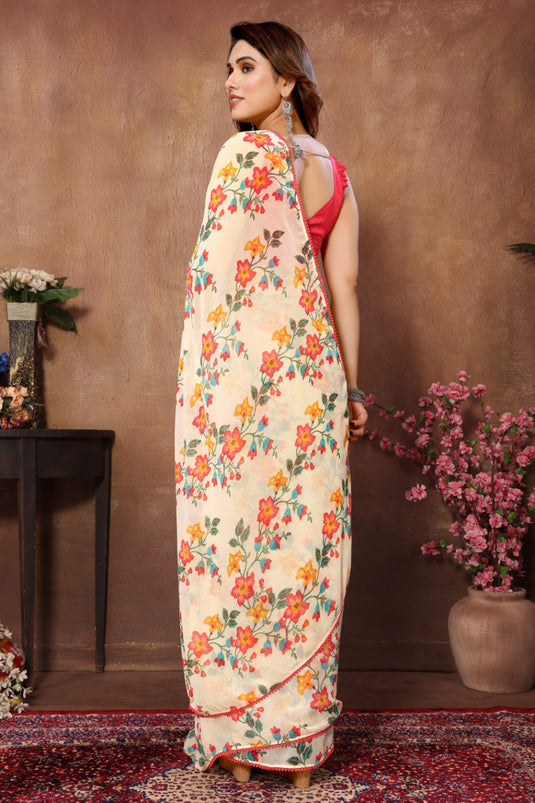 Ready to Wear Georgette Flower Printed Cream Color Saree