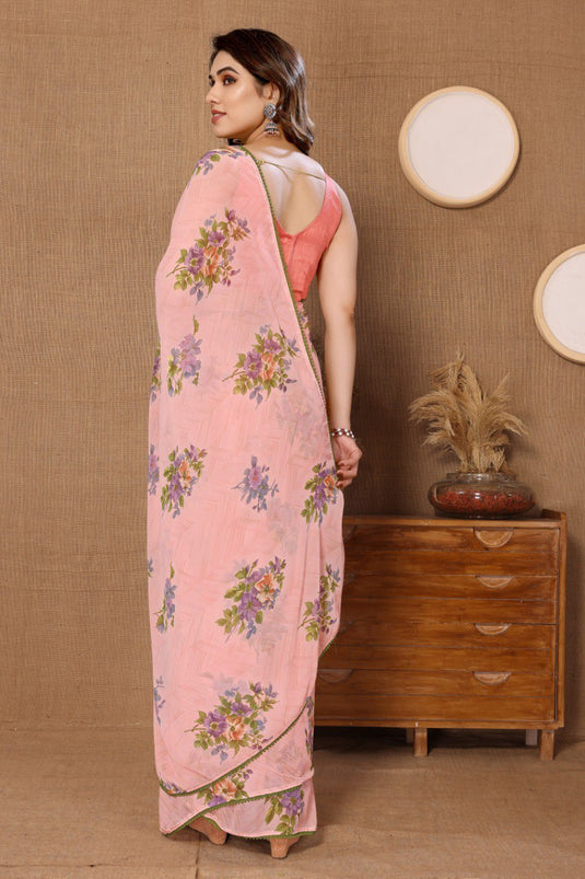 Ready to Wear Georgette Flower Printed Peach Color Saree