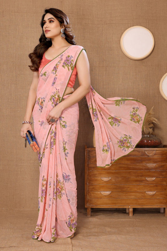 Ready to Wear Georgette Flower Printed Peach Color Saree