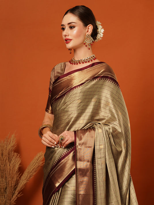 VILLAGIUS Checkered, Self Design, Woven, Embellished Banarasi Cotton Silk, Jacquard Saree