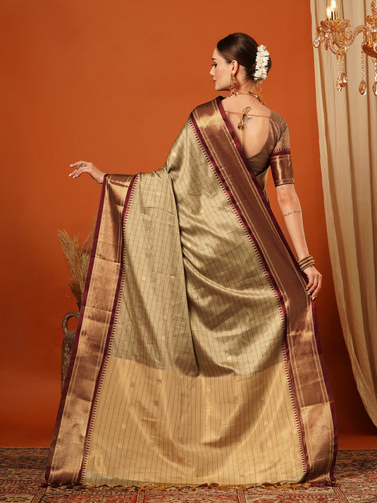 VILLAGIUS Checkered, Self Design, Woven, Embellished Banarasi Cotton Silk, Jacquard Saree