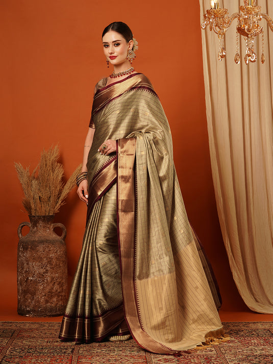 VILLAGIUS Checkered, Self Design, Woven, Embellished Banarasi Cotton Silk, Jacquard Saree