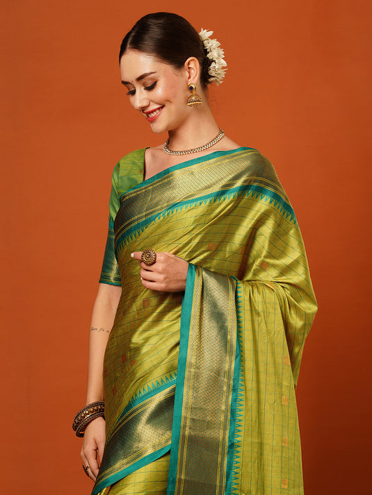 VILLAGIUS Checkered, Self Design, Woven, Embellished Banarasi Cotton Silk, Jacquard Saree