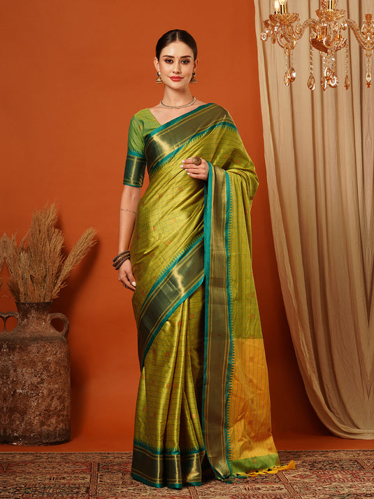 VILLAGIUS Checkered, Self Design, Woven, Embellished Banarasi Cotton Silk, Jacquard Saree