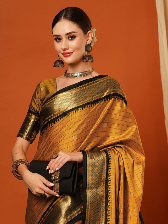 VILLAGIUS Checkered, Self Design, Woven, Embellished Banarasi Cotton Silk, Jacquard Saree