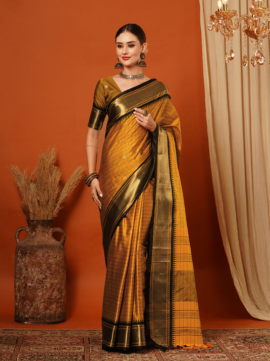 VILLAGIUS Checkered, Self Design, Woven, Embellished Banarasi Cotton Silk, Jacquard Saree