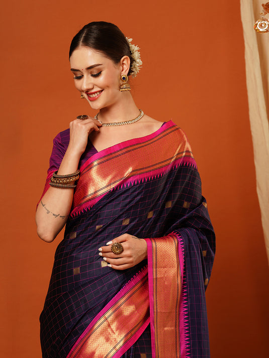 VILLAGIUS Checkered, Self Design, Woven, Embellished Banarasi Cotton Silk, Jacquard Saree