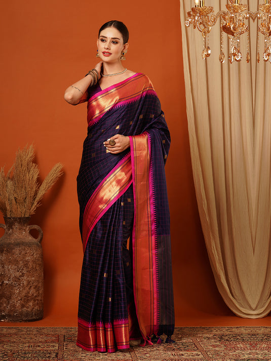 VILLAGIUS Checkered, Self Design, Woven, Embellished Banarasi Cotton Silk, Jacquard Saree