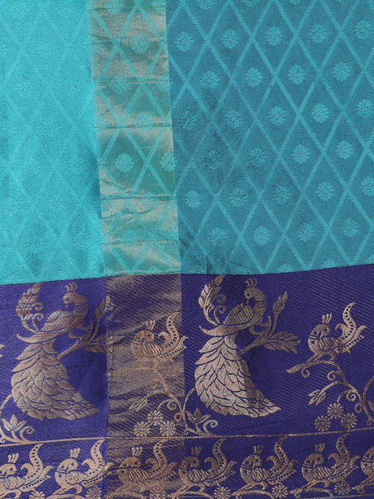 Villagius Jaccard Jaccard Embellished Zari Work Partywear Cotton Silk Turquoise Colour Anamika_Firozi Saree