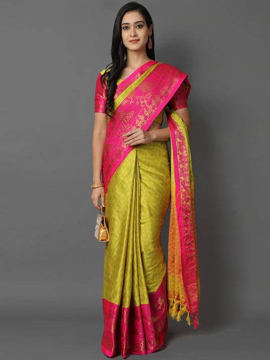 Villagius Jaccard Jaccard Embellished Zari Work Partywear Cotton Silk Lime Colour Anamika_Lime Saree