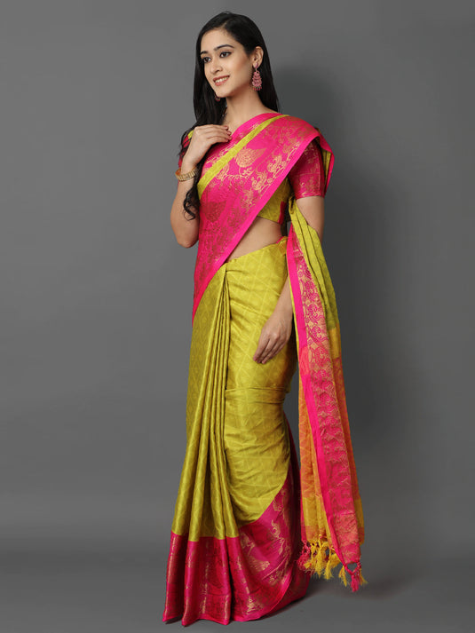 Villagius Jaccard Jaccard Embellished Zari Work Partywear Cotton Silk Lime Colour Anamika_Lime Saree