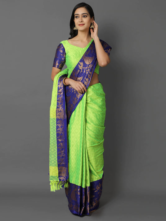 Villagius Jaccard Jaccard Embellished Zari Work Partywear Cotton Silk Parrot Colour Anamika_Parrot Saree