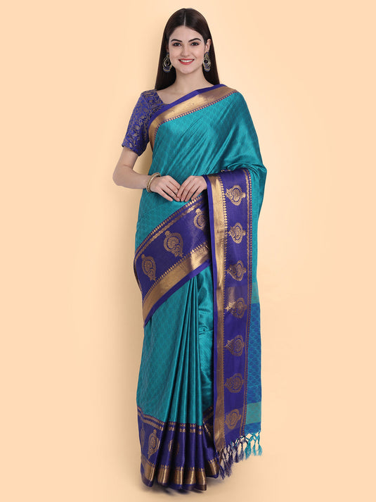 Villagius Jaccard Jaccard Embellished Zari Work Partywear Cotton Silk Turquoise Colour Anjali_Firozi Saree