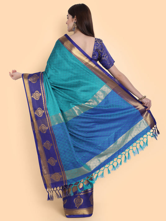 Villagius Jaccard Jaccard Embellished Zari Work Partywear Cotton Silk Turquoise Colour Anjali_Firozi Saree