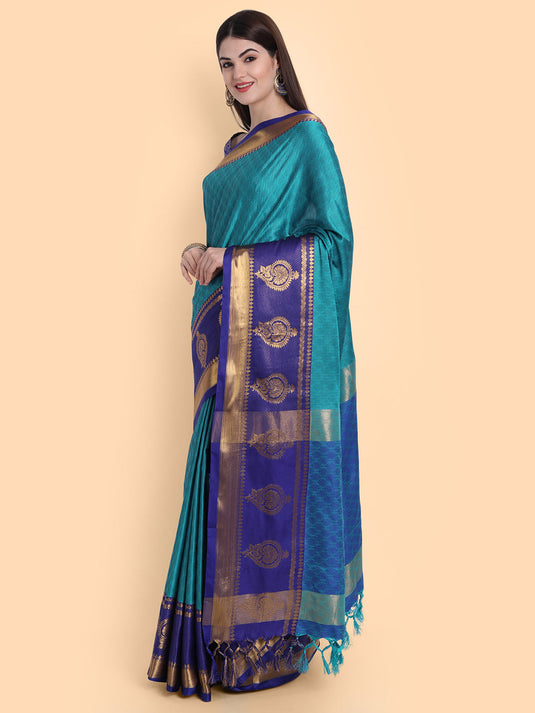 Villagius Jaccard Jaccard Embellished Zari Work Partywear Cotton Silk Turquoise Colour Anjali_Firozi Saree