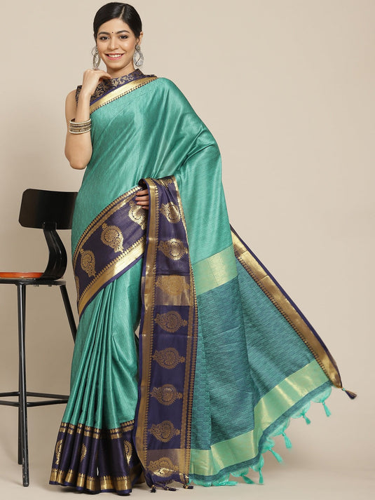 Villagius Jaccard Jaccard Embellished Zari Work Partywear Cotton Silk Sea Green Colour Anjni_Rama Saree