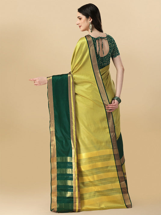 Villagius Woven Zari Border Everyday Cotton Silk Lime Color ANMOL2_LEMONBGREEN Saree