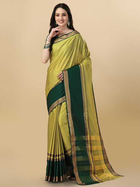 Villagius Woven Zari Border Everyday Cotton Silk Lime Color ANMOL2_LEMONBGREEN Saree