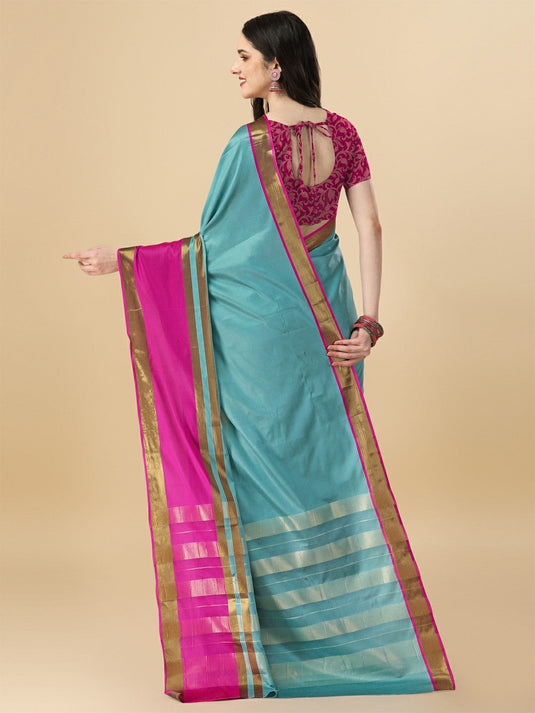 Villagius Woven Zari Border Everyday Cotton Silk Sky Color ANMOL2_SKYPINK Saree