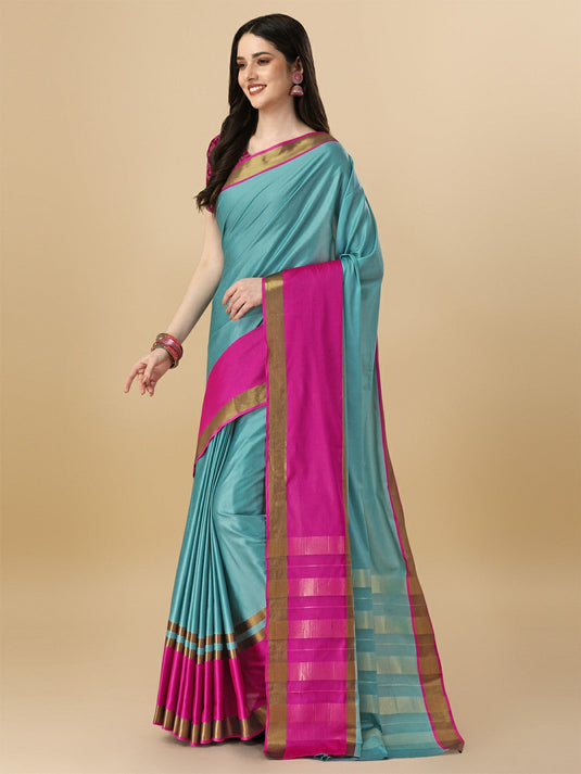 Villagius Woven Zari Border Everyday Cotton Silk Sky Color ANMOL2_SKYPINK Saree