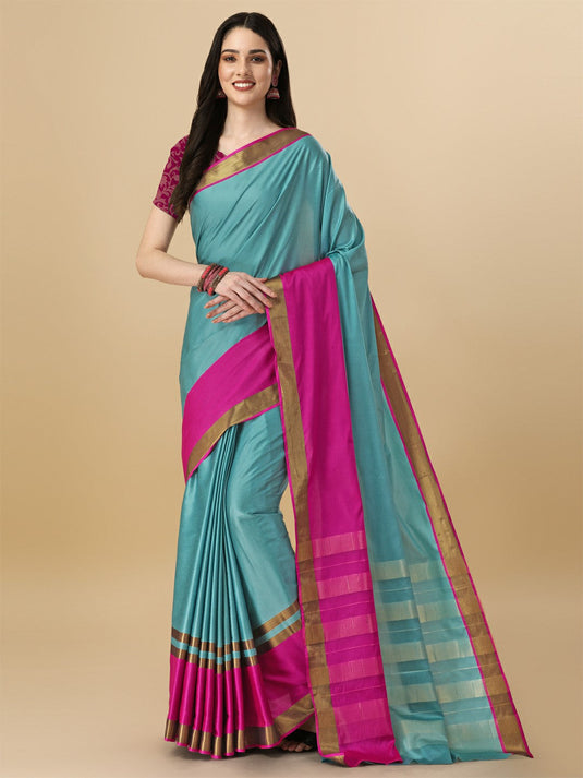 Villagius Woven Zari Border Everyday Cotton Silk Sky Color ANMOL2_SKYPINK Saree