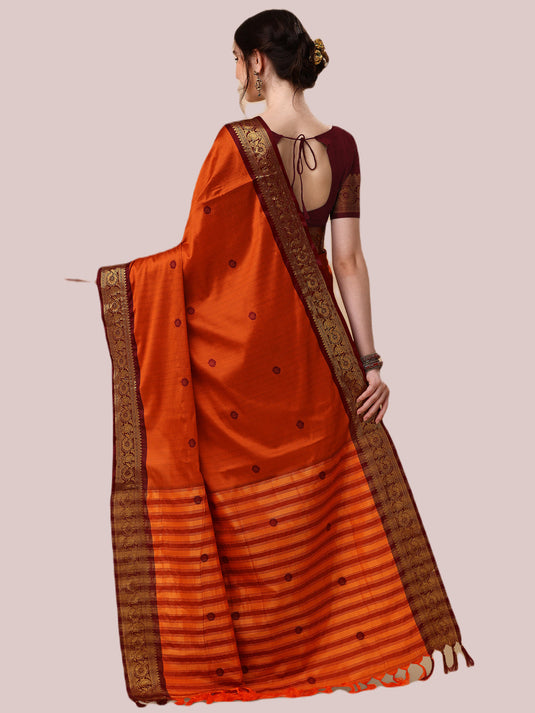 Villagius Jaccard Jaccard Embellished Zari Work Partywear Cotton Silk Orange Colour Au1_Orange Saree