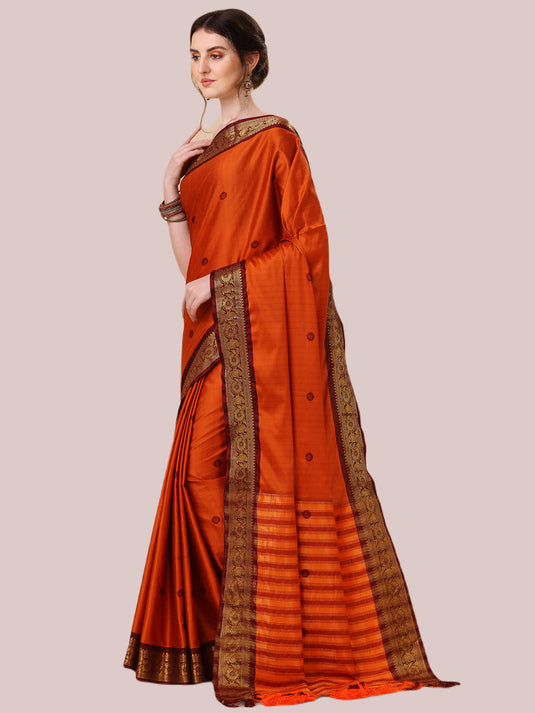 Villagius Jaccard Jaccard Embellished Zari Work Partywear Cotton Silk Orange Colour Au1_Orange Saree