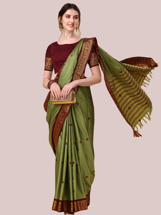 Villagius Jaccard Jaccard Embellished Zari Work Partywear Cotton Silk Pista Colour Au1_Pista Saree