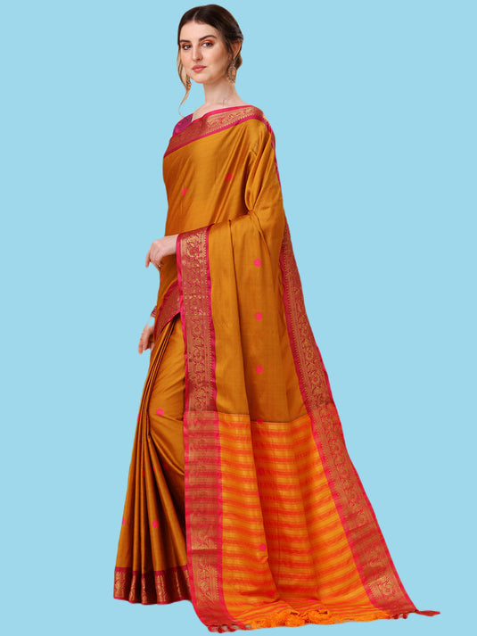 Villagius Jaccard Jaccard Embellished Zari Work Partywear Cotton Silk Musturd Colour Au2_Mustard Saree