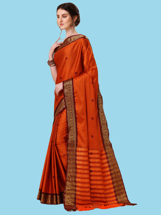 Villagius Jaccard Jaccard Embellished Zari Work Partywear Cotton Silk Orange Colour Au2_Orange Saree