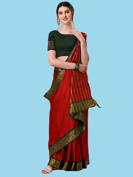 Villagius Jaccard Jaccard Embellished Zari Work Partywear Cotton Silk Red Colour Au2_Red Saree