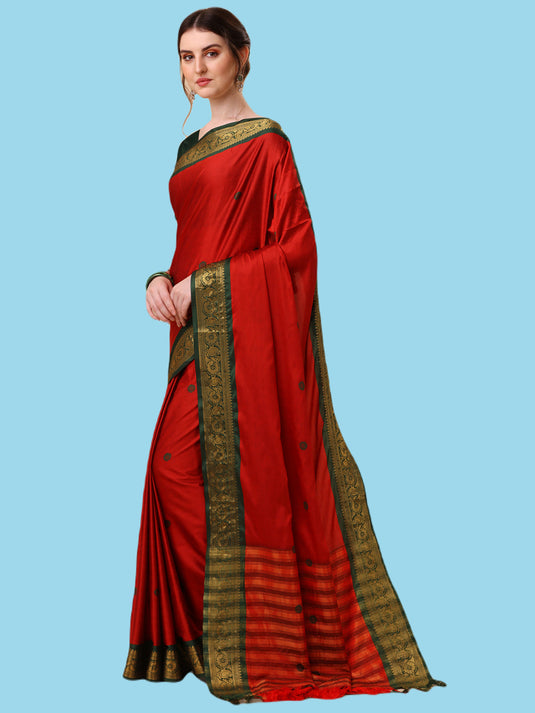 Villagius Jaccard Jaccard Embellished Zari Work Partywear Cotton Silk Red Colour Au2_Red Saree