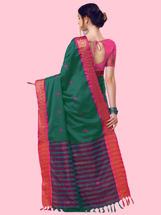 Villagius Jaccard Jaccard Embellished Zari Work Partywear Cotton Silk Green Colour Au3_Green Saree