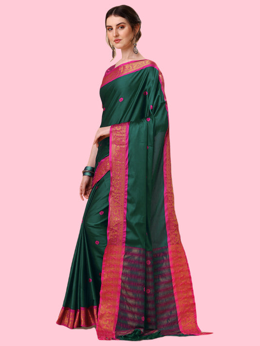 Villagius Jaccard Jaccard Embellished Zari Work Partywear Cotton Silk Green Colour Au3_Green Saree