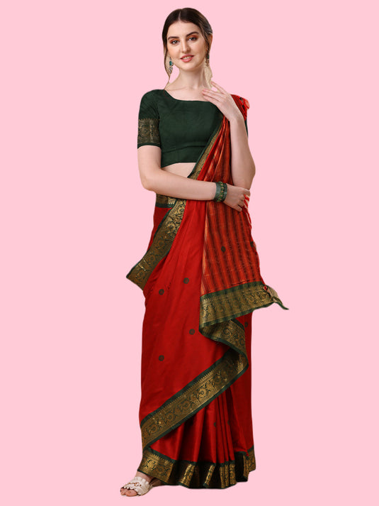 Villagius Jaccard Jaccard Embellished Zari Work Partywear Cotton Silk Red Colour Au3_Red Saree