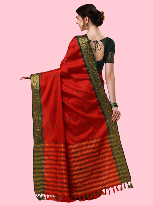 Villagius Jaccard Jaccard Embellished Zari Work Partywear Cotton Silk Red Colour Au3_Red Saree