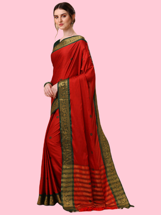 Villagius Jaccard Jaccard Embellished Zari Work Partywear Cotton Silk Red Colour Au3_Red Saree