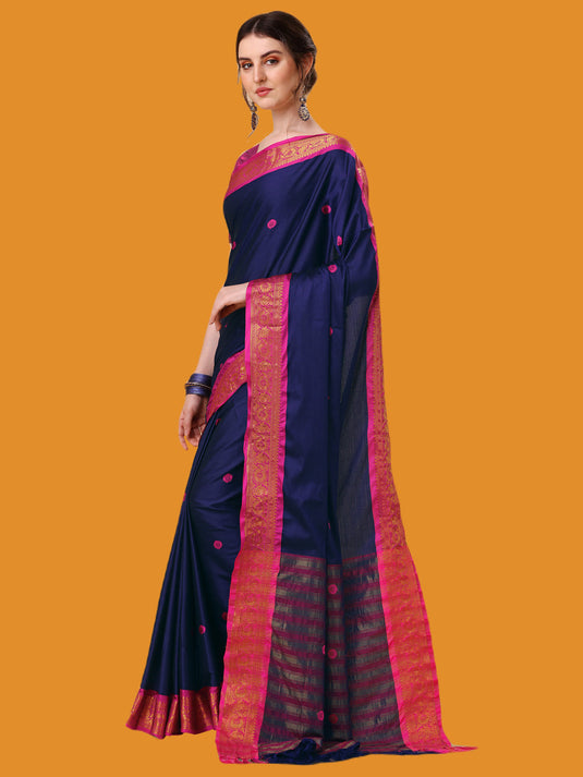 Villagius Jaccard Jaccard Embellished Zari Work Partywear Cotton Silk Navy Blue Colour Au4_Navy Saree