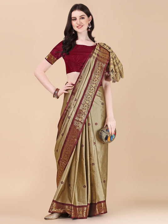 Villagius Jaccard Jaccard Embellished Zari Work Partywear Cotton Silk Beige Colour Aurabutti_Chiku Saree