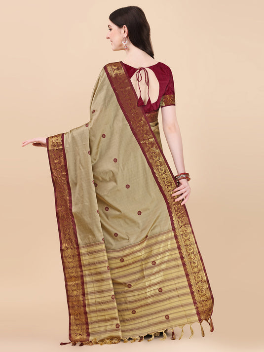 Villagius Jaccard Jaccard Embellished Zari Work Partywear Cotton Silk Beige Colour Aurabutti_Chiku Saree