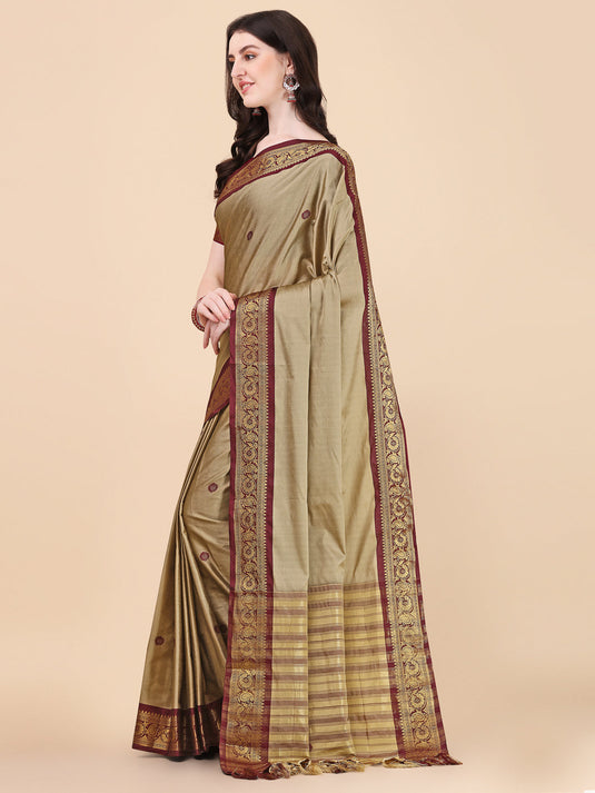 Villagius Jaccard Jaccard Embellished Zari Work Partywear Cotton Silk Beige Colour Aurabutti_Chiku Saree