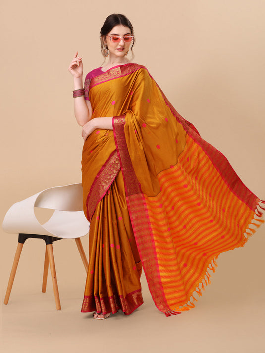 Villagius Jaccard Jaccard Embellished Zari Work Partywear Cotton Silk Musturd Colour Aurabutti_Musturd Saree