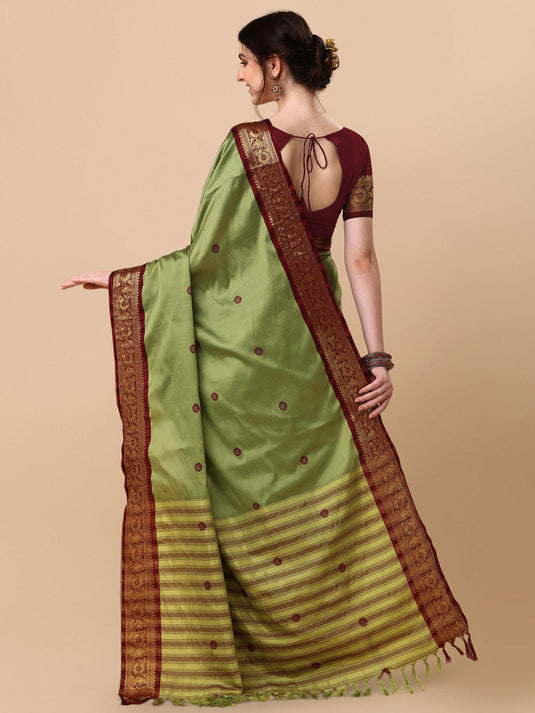 Villagius Jaccard Jaccard Embellished Zari Work Partywear Cotton Silk Pista Colour Aurabutti_Pista Saree