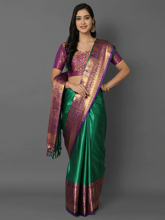 Villagius Jaccard Jaccard Embellished Zari Work Partywear Cotton Silk Green Colour Aurasonam_Green Saree