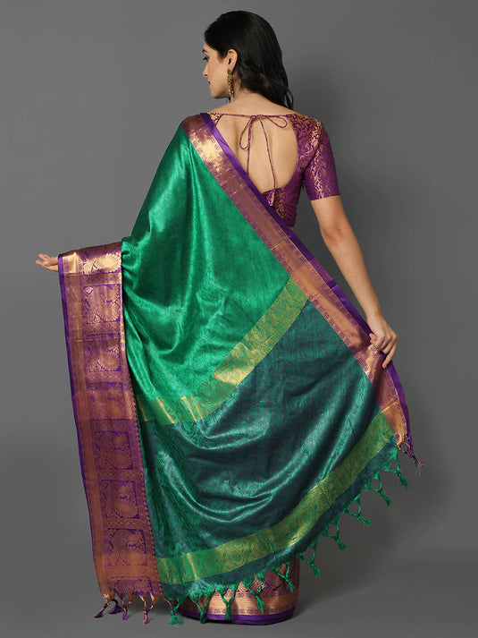 Villagius Jaccard Jaccard Embellished Zari Work Partywear Cotton Silk Green Colour Aurasonam_Green Saree