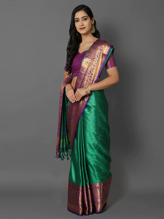 Villagius Jaccard Jaccard Embellished Zari Work Partywear Cotton Silk Green Colour Aurasonam_Green Saree