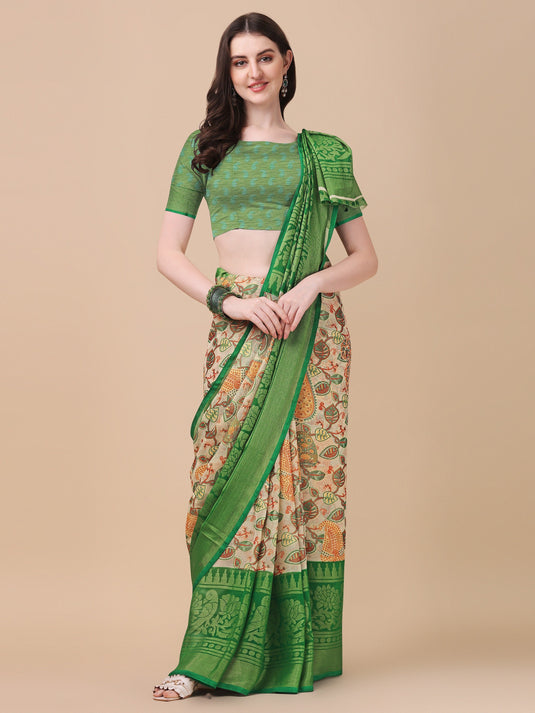 Villagius Printed Zari Border Festive Chiffon Green Color CF1100_GREEN  Saree