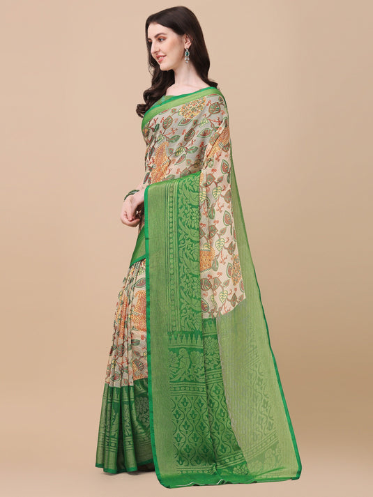 Villagius Printed Zari Border Festive Chiffon Green Color CF1100_GREEN  Saree