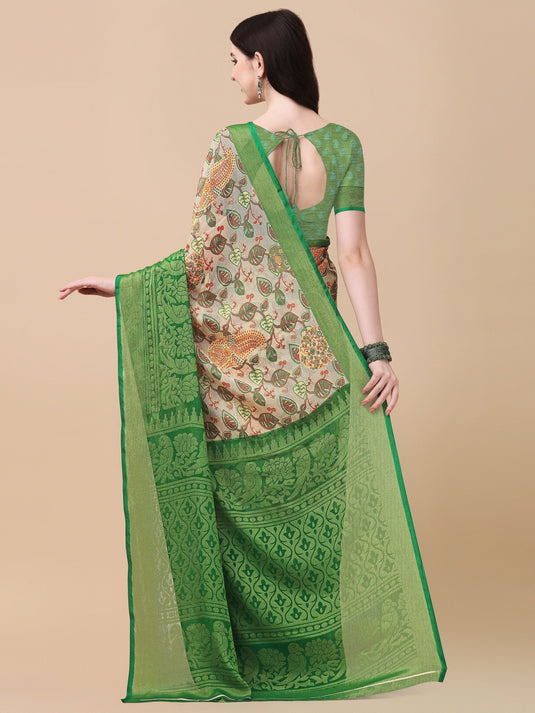 Villagius Printed Zari Border Festive Chiffon Green Color CF1100_GREEN  Saree