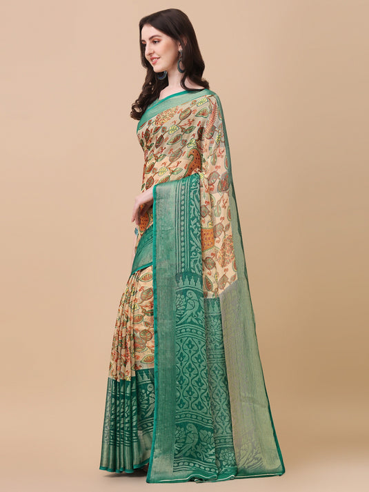 Villagius Printed Printed Zari Border Festive Chiffon Rama Colour Cf1100_Rama Saree